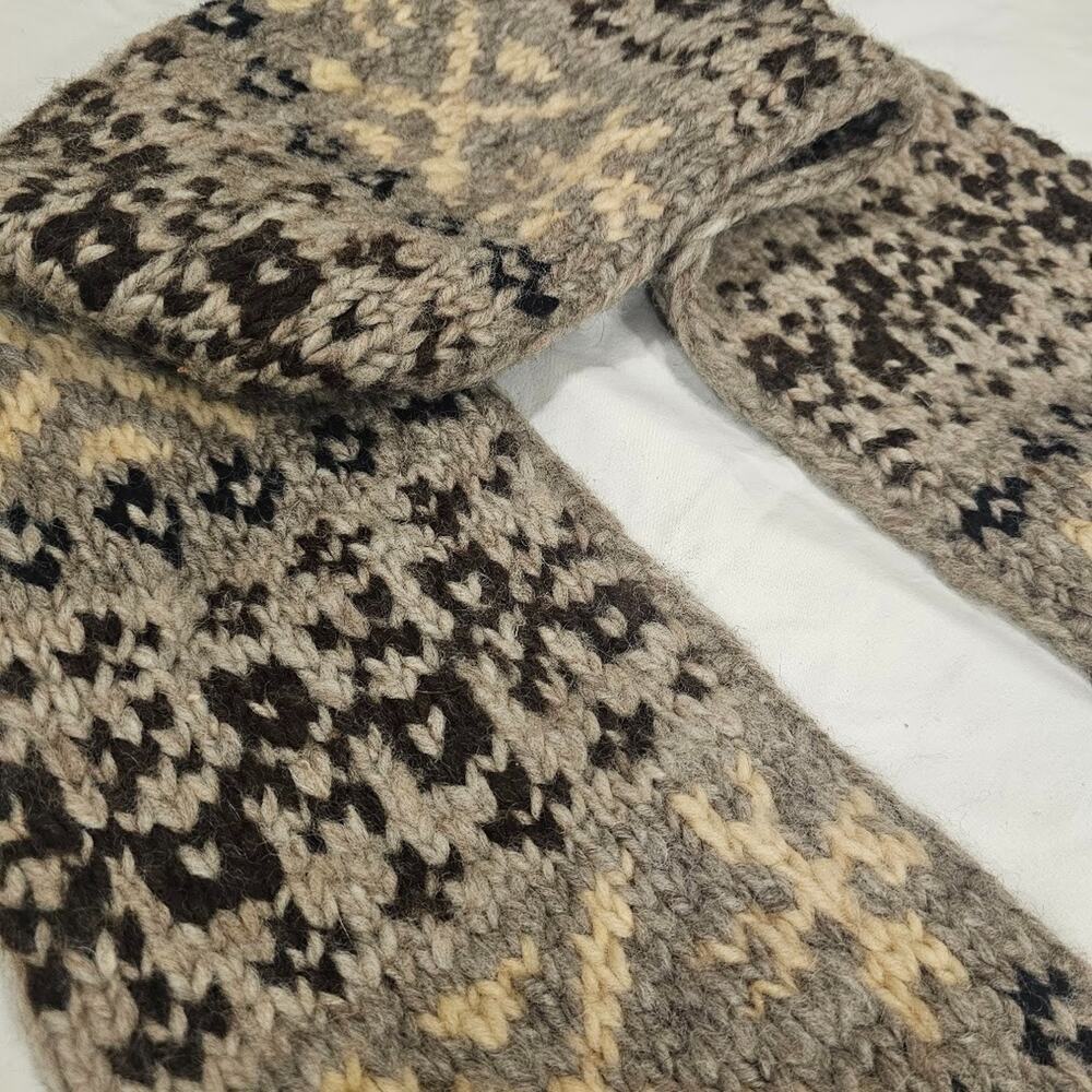 Filson Cream Brown Hand Knit Winter Scarf 70 inch Fair Isle pattern